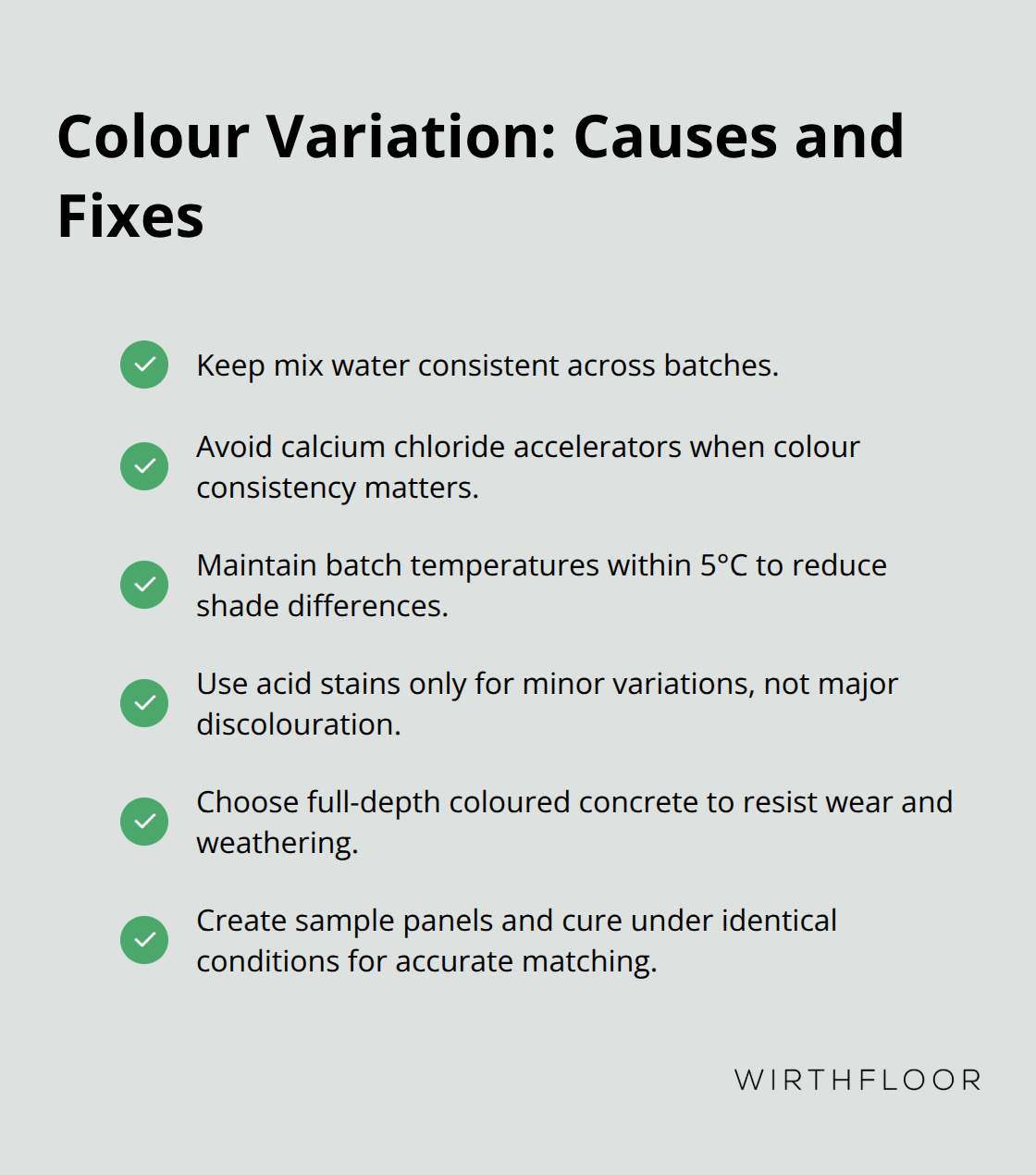 Checklist of practical steps to control and correct concrete colour variation - concrete surface finishes standards