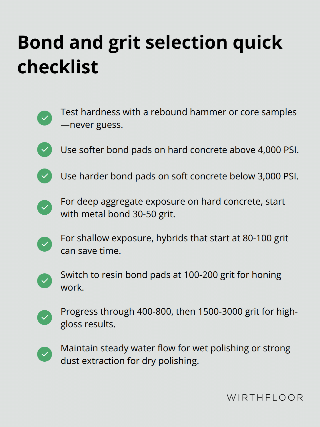 Checklist of hardness testing and bond/grit rules for Australian concrete polishing