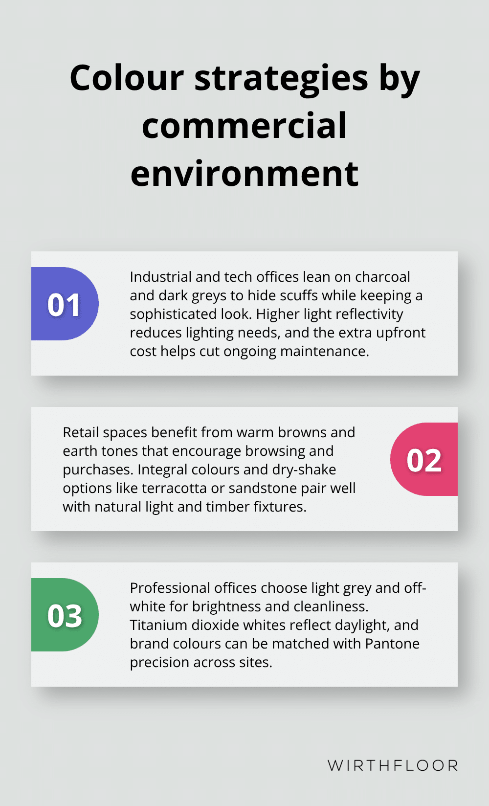 Three-point summary of colour choices for industrial, retail and professional office spaces