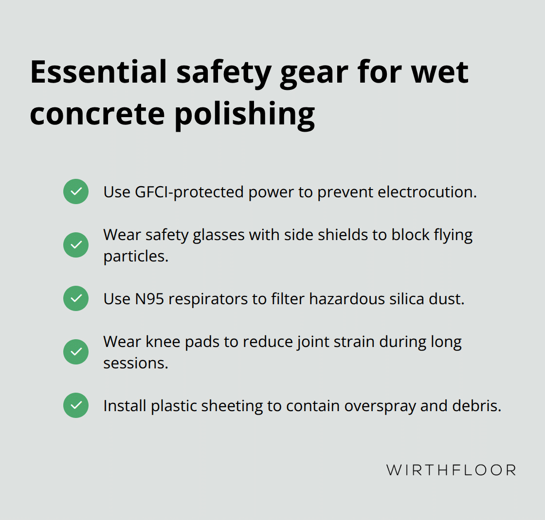 Checklist of personal protective equipment and site controls for polishing concrete table tops in Australia.