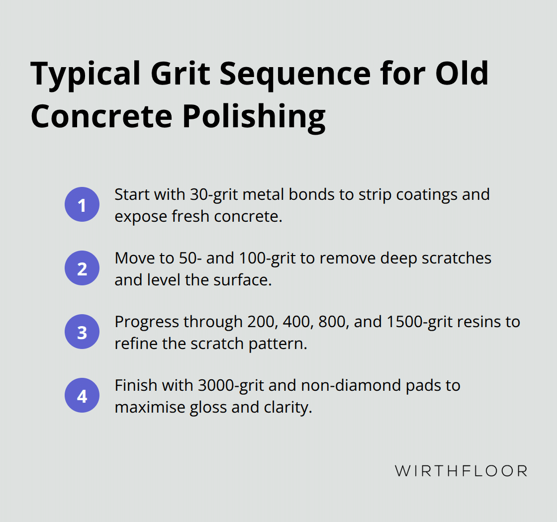 Compact list showing the standard grit progression from coarse metals to fine resins. - polishing old concrete